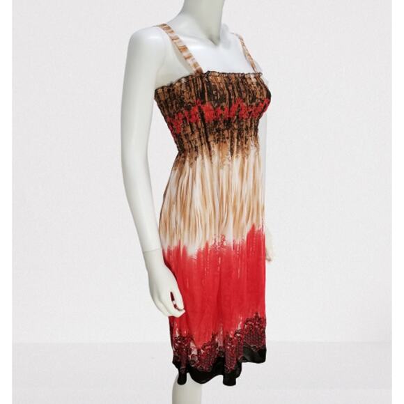Romantic Sini Woman's Brown & Red Abstract Floral Sun Dress Size: Medium, New - Picture 4 of 8